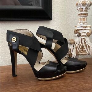Michael Kors Black High-Heeled Sandals with Gold Hardware